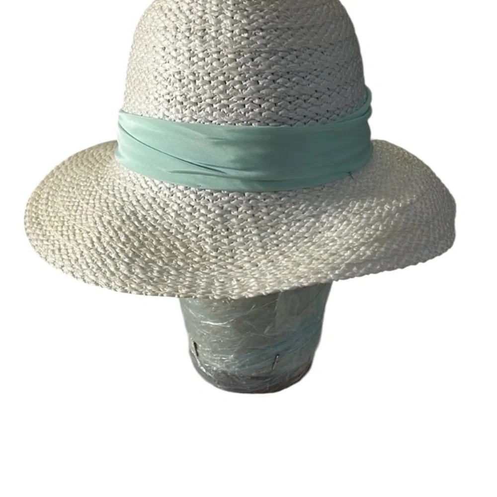 White straw hat spring , summer with mint green scarf attached
